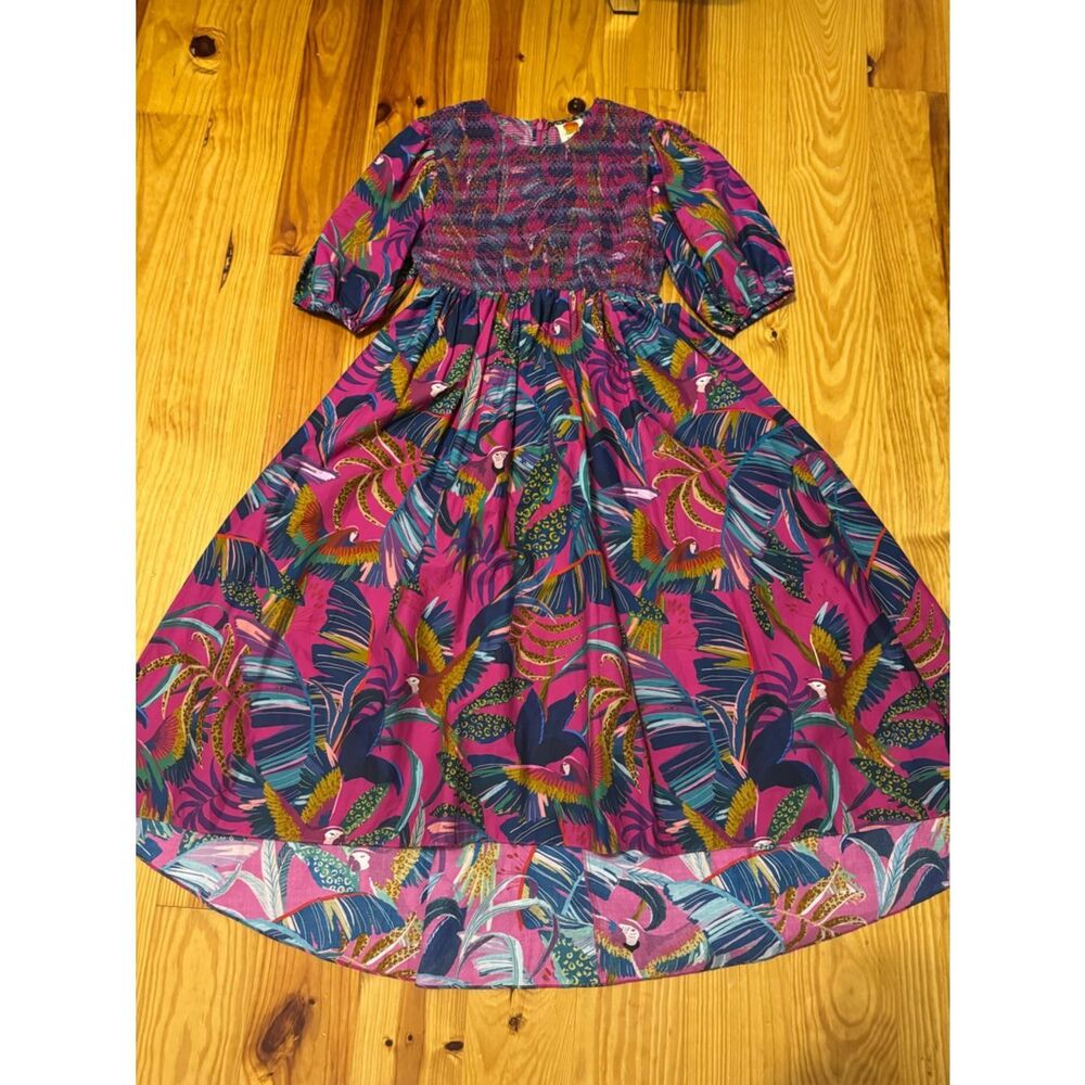 Farm Rio Rainbow Macaws Purple Puff Sleeve Smocked Midi Dress Women's SIZE XS - Picture 6 of 13